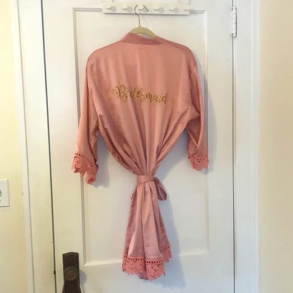 Satin/Silky Pink Lace Bridesmaid Robe - Picture 2 of 8